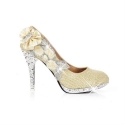 New Fashion Flower Rhinestone Womens Platform Pump High Heels Wedding Bride Party Shoes (5.5, Gold)