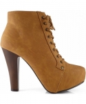 Qupid Puffin-06 Camel High Heel Boot Nubuck Lace up Platform Bootie - High Heel Camel Bootie (5.5)