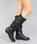 Women's Classic Basic Soft Faux Leather Slouchy Flat Knee High Boots Basal,Basal Black Pu 7