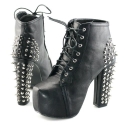 Womens spike stud lace up high block chunky heel platform shoes booties boots