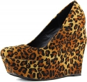 Women's Qupid Taken-01 Camel Leopard Velvet Wedges High Heel Shoes, Camel, 6