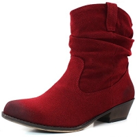 Women's Qupid Fashion Shoes Cowboy Riding Stacked Low Heel Ruched Western Booties Red Color High Heel Oil Finish Boots, 5.5