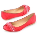SHOEZY Women's Satin Ballet Flat Round Toe Wedding Bridesmaid Shoes Pearls Comfort Red US 8 (Half Size Smaller)
