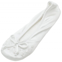 Isotoner Women's Embroidered Satin Ballerina Slipper,SM 5-6 White
